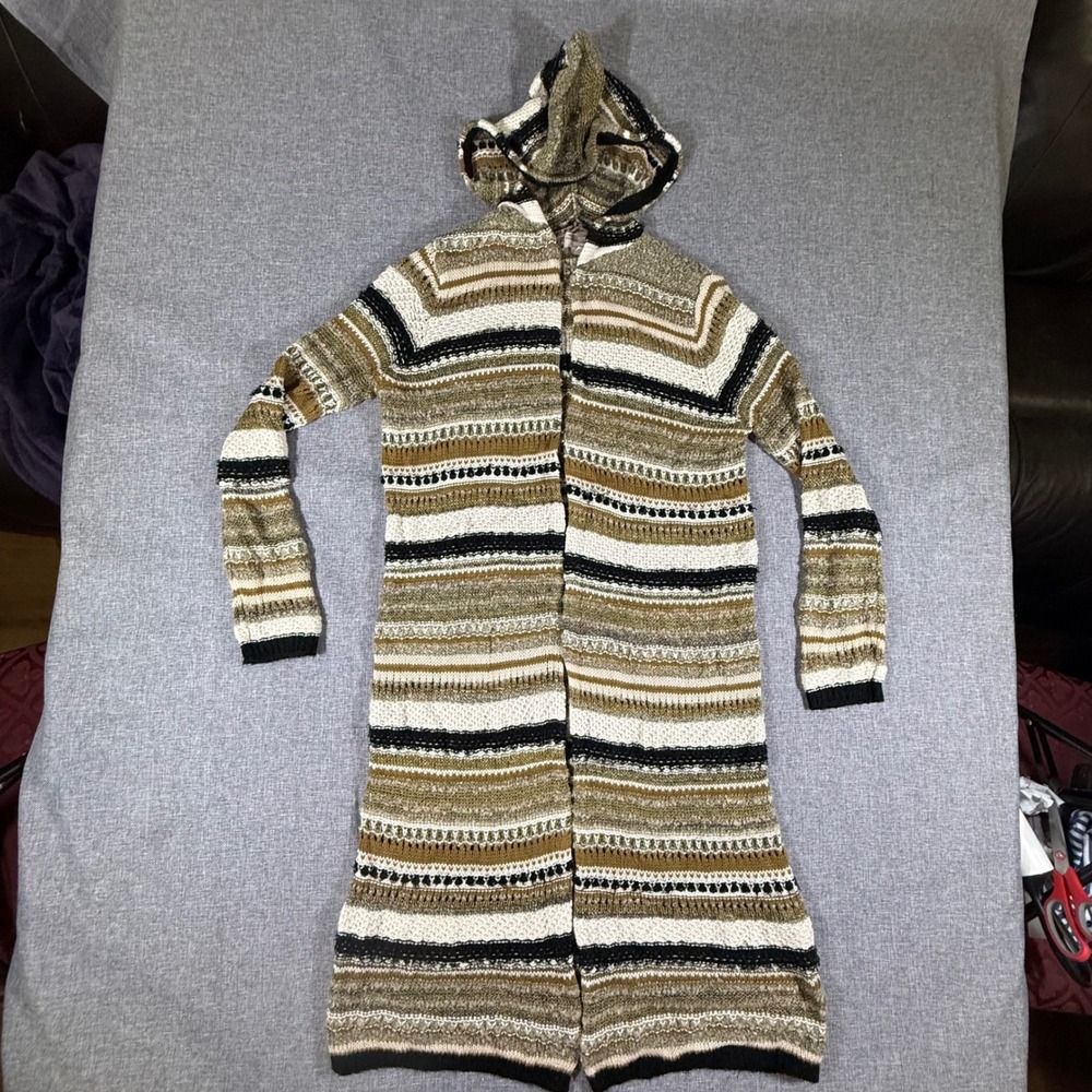 Forever 21 Duster Cardigan Sweater Womens L  Striped Hooded Boho Open Knit Coat